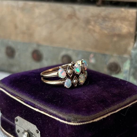 Antique 14K Seed Pearl & Opal Double Ring - Picture 3 of 8